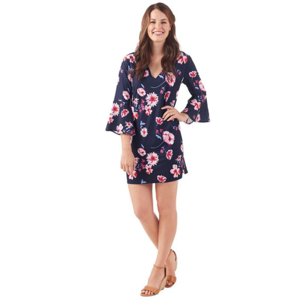 Mila Bell Sleeve Dress In Navy Floral  Medium